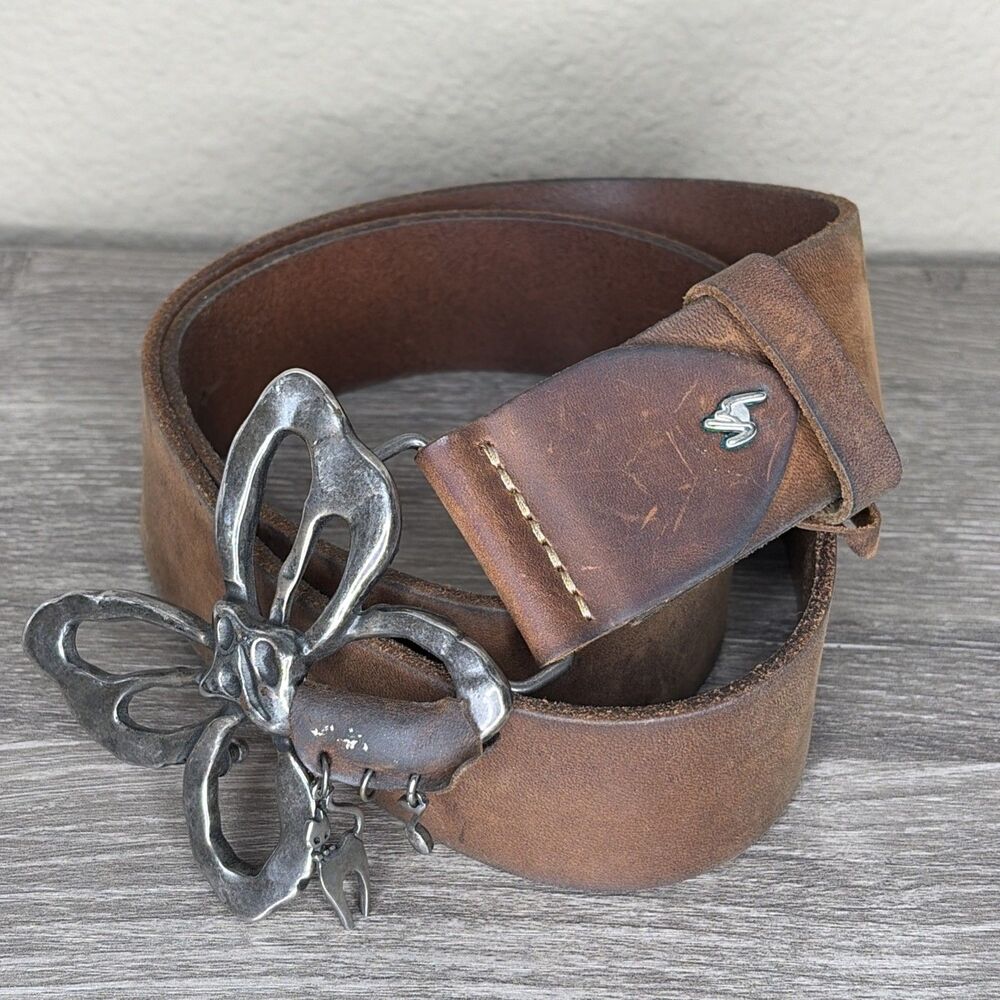 Velez Womens Brown Leather Belt Small 34 Silver Tone Butterfly Buckle Charms